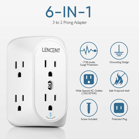 2 Prong To 3 Prong Grounding Outlet Adapter With 6 Wide Outlets, Wall Mount Power Strip Expander For Non Grounded Kitchen Or Office