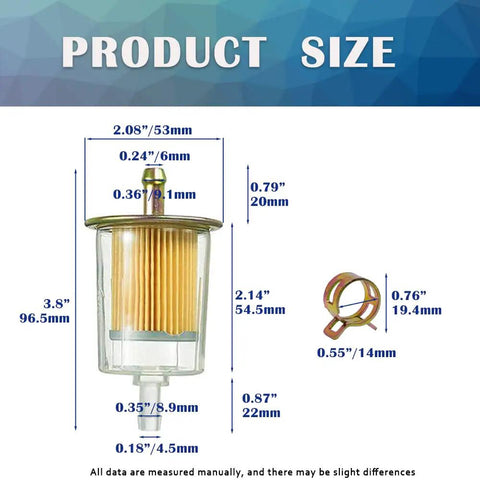 4 Pack 5/16 Inch Inline Fuel Filters With Built In Magnets And 8 14mm Hose Clamps For Motorcycles Cars And Trucks Replacement Kit HE007 product size diagram