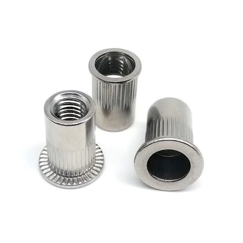 20 Pack Flat Head Threaded Insert Nuts Made From 316 Stainless Steel Features knurled design in different angles.