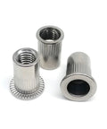 Get Rock Solid 20 Flat Head Threaded Insert Nuts Made From Zinc Plated Steel With Knurled Body To Stop Spinning And Keep Your Projects Secure For Any Heavy Duty DIY Build Or Auto Repair Job You Are Running Around. Three zinc plated steel threaded insert nuts with knurled body.