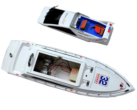 Top view of Atlantic Yacht RC Boat 28 Inch Remote Control Speed Watercraft With Luxury Modern Cruise Design showing twin motors.