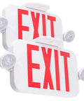 Smooth Running Exit Sign And Emergency Light Featuring Rock Solid Battery Backup Lasts Ninety Minutes Through Power Drops Dual Adjustable Led Heads Handle Any Room Or Shop Universal Wire In Two Pack Built Tough, white sign with red EXIT letters and dual LED heads.