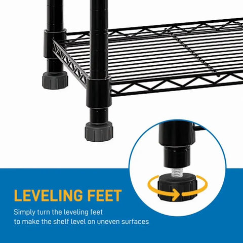 Five Tier Heavy Duty Storage Rack In Black 550 Lb Capacity Top Shelf Carbon Steel Workhorse Shelving with leveling feet detail.