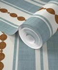 Durable Striped Wallpaper With Matte Linen Finish And Pvc Free Formula Built Tough For Busy Kitchens Baths And Hallways Featuring Classic Paste To Paper Install, showcasing a roll with blue stripes and brown accents.