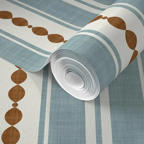 Durable Striped Wallpaper With Matte Linen Finish And Pvc Free Formula Built Tough For Busy Kitchens Baths And Hallways Featuring Classic Paste To Paper Install, showcasing a roll with blue stripes and brown accents.