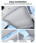 Installed REEVAA sunshade roof for Tesla Model Y, Juniper gray, 2-piece foldable sunroof cover.
