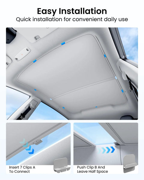 Installed REEVAA sunshade roof for Tesla Model Y, Juniper gray, 2-piece foldable sunroof cover.
