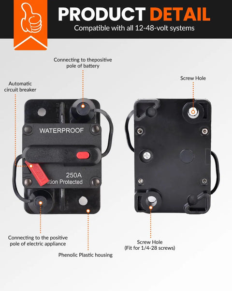 Tough As Nails 150 Amp Manual Reset Inline Circuit Breaker Waterproof DC 12V to 48V with phenolic plastic housing for durability.