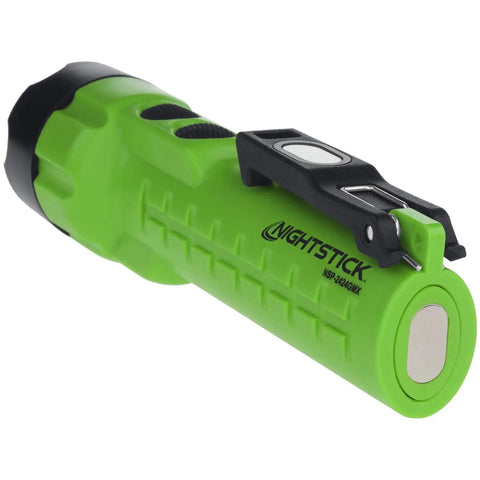 Side view of green and black Lit 300 Lumen Dual Light Flashlight With Magnetic Hands Free Mounts Waterproof, shown with branded detail