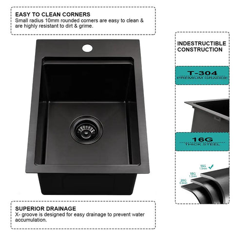 15 Inch Drop-In Bar Sink Workstation With Solid Wood Cutting Board, 16 Gauge Stainless Steel Single Bowl, Outdoor RV Kitchen Prep Sink For Small Spaces, Durable Stainless Bar Basin With Prep Surface showing construction features