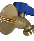 1/2 Inch Pex B To 3/4 Inch Ght Hose Bibb Solid Brass Garden Valve With Flange NSF Certified Adapter, blue handle, close-up view.