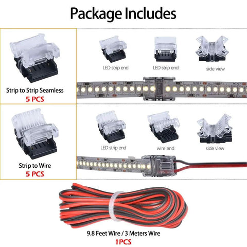 High Density LED Strip Connector Kit with 12mm 2 Pin SMD and COB light strips, connectors, and 9.8 ft of 20AWG cable, no soldering needed.