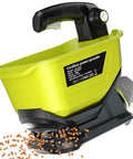 Electric Grass Seed Spreader For Ryobi ONE Plus 18V Batteries, Handheld Fertilizer And Granule Spreader with pellets visible.