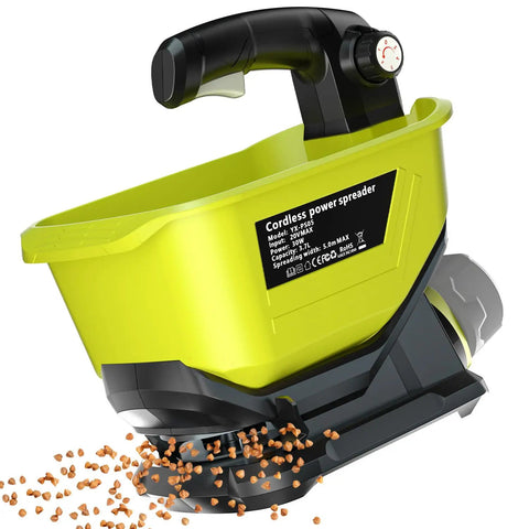 Electric Grass Seed Spreader For Ryobi ONE Plus 18V Batteries, Handheld Fertilizer And Granule Spreader with pellets visible.