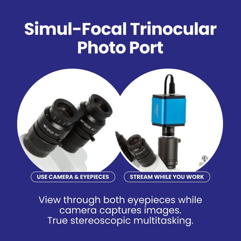 Dual Head Simul Focal Stereo Microscope With Lockable Zoom Pro Grade Build For Pros, 7x To 45x Magnification, Trinocular Eyepiece And Port Viewing on boom stand