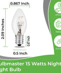 Image of Bulbmaster 15 Watts Night Light Bulb with measurements, featuring E12 base and clear glass