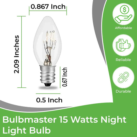 Image of Bulbmaster 15 Watts Night Light Bulb with measurements, featuring E12 base and clear glass