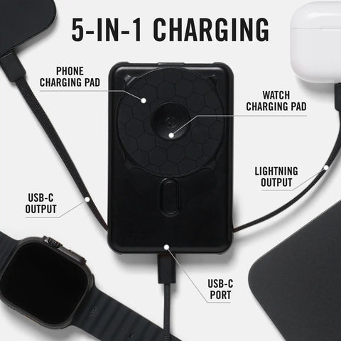 Solid Pick 20W Magnetic Power Bank With Built In Cables 10000mAh Fast Charging Battery MagSafe Compatible showing 5-in-1 charging features.