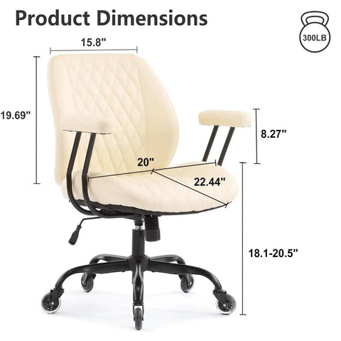 Ergonomic Home Office Desk Chair With Lumbar Support, Height Adjustable, rolling rubber casters, cream leather dimensions