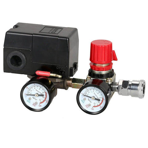 Pressure switch manifold with brass body, dual gauges, and red knob for air compressor