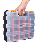 Person holding a Double Sided Parts Organizer With Removable Dividers, 34 Compartment Storage Bins, transparent plastic case with handle.