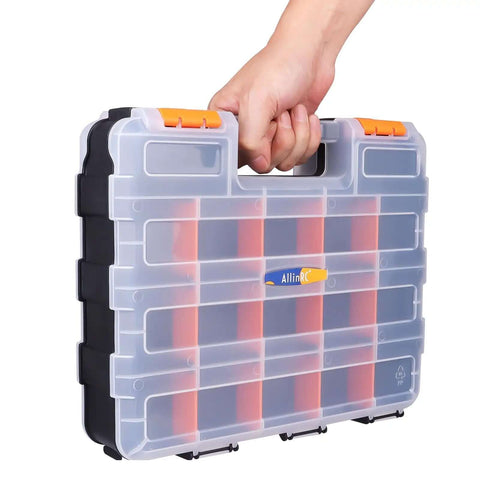 Person holding a Double Sided Parts Organizer With Removable Dividers, 34 Compartment Storage Bins, transparent plastic case with handle.