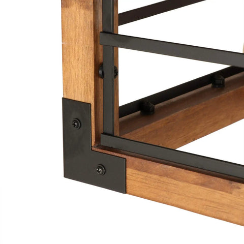 Close-up corner detail of Linear Kitchen Chandelier Five Light Dope Farmhouse Pendant Lighting For Dining Room with wood and metal frame.