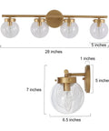 Gold Bathroom Vanity Light 28 Inch Four Light Fixture With Clear Glass Globes, Hand Painted Gold Finish, dimensions diagram