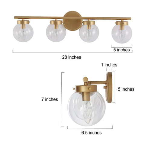 Gold Bathroom Vanity Light 28 Inch Four Light Fixture With Clear Glass Globes, Hand Painted Gold Finish, dimensions diagram