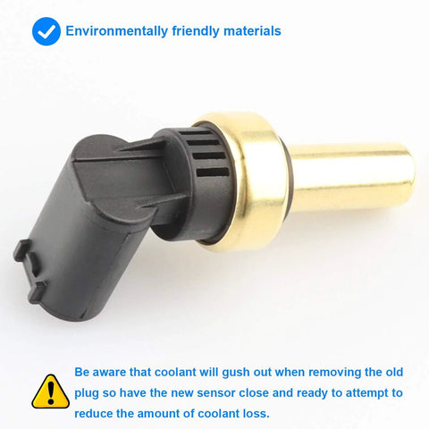 Close-up view of coolant temperature sensor (ECT) with brass probe and black plastic connector.