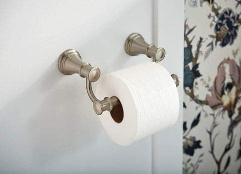 Brushed Nickel Pivoting Toilet Paper Holder With Easy Mount System, Sleek Wall Mount Bathroom Accessory installed on white wall.