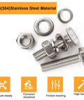 Heavy Duty Stainless Steel Hex Head Screws Bolts Kit Set With Nuts Flat Washers And Lock Washers 10 Sets 5/16-18 X 1-1/2 Inches 304 Grade 18-8 Fully Threaded Hex Bolts Kit By Levanco shown with features like corrosion resistance and high hardness.