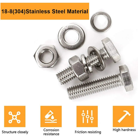 Heavy Duty Stainless Steel Hex Head Screws Bolts Kit Set With Nuts Flat Washers And Lock Washers 10 Sets 5/16-18 X 1-1/2 Inches 304 Grade 18-8 Fully Threaded Hex Bolts Kit By Levanco shown with features like corrosion resistance and high hardness.