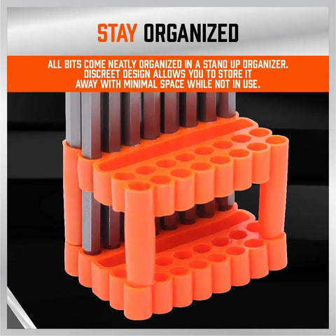 Thirty Two Piece Extra Long Security Power Bit Set With Quarter Inch Hex Shank Hardcore Tough S2 Steel Build in orange organizer.