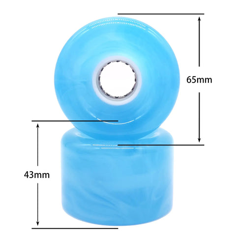 Skateboard Wheel Set 65mm By 43mm 78A High Rebound Urethane With 608RS Bearings Washers And Spacers One Piece Tool Included For Longboard Or Regular Cruisers Blue, showing wheel dimensions