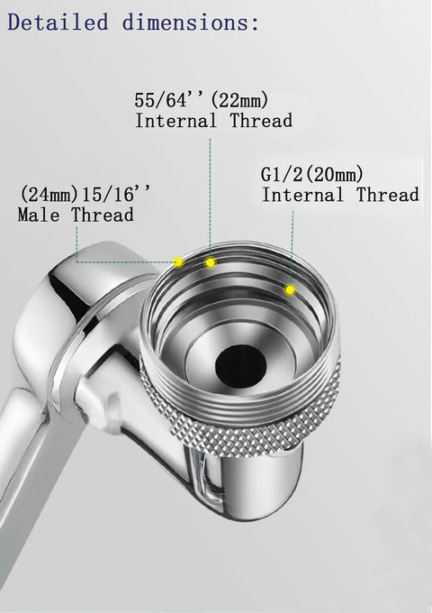 Heavy Duty Brass Faucet Extender With Dual Spray Modes And Slick 1080 Degree Swivel Action, showing detailed dimensions of threads.