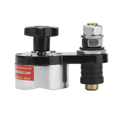 Solid Magnetic Welding Ground Clamp With Swappable On Off Switch Adjustable Holder Plus Silicone Insulation Shield Against Heat, side view with knobs.