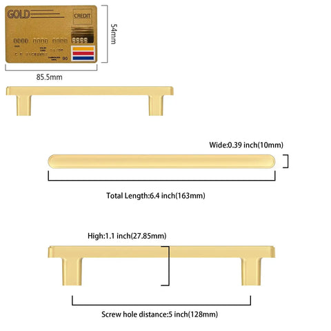 Top Shelf 10 Pack Brushed Gold Cabinet Pulls 5 Inch 128 mm Spacing Kitchen Drawer Handles For Bathroom Vanity showing dimensions, material, and design.