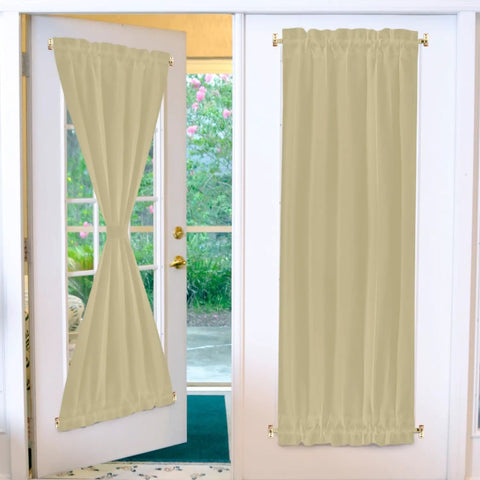 Slick Swivel End Sash Curtain Rods With Heavy Duty Metal Brackets For Doors And Windows Smooth Swinging Action Effortless Install Brass Finish Tough Pair Of Reliable Drapery Hardware with beige curtains on doors.