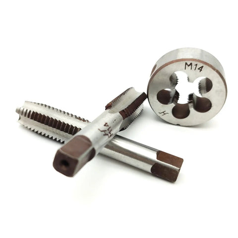 M14x2.0 Hand Tap And Die Set With One Taper Tap One Plug Tap And One Round Die 2.0mm Pitch Right Hand Threading Kit For Through Holes And Quick Repairs DIY Friendly, showing high speed steel construction.