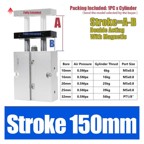 Top Tier Dual Rod Air Cylinder Pneumatic Actuator Featuring Guided Piston Construction For Rock Solid Linear Motion In Tough Industrial Setups Double Acting Design With 150 Mm Stroke And Wide Bore Range For Heavy Duty Shop Rigs, image showing stroke measurement and specifications.