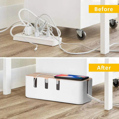 Before and after image showing desk area with and without Cable Management Box With Wood Lid For Desk TV And Computer Cords Keep Power Strips And Cables Hidden Neat And Safe Fits Power Strips Under Eleven Point Four Inches Long By Four Point One Inches Wide For Easy Cable Organization.