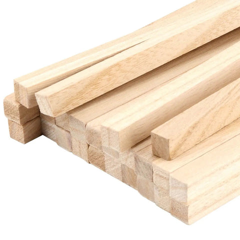 Top Shelf 60 Pack Of 1/2 By 12 Inch Unfinished Paulownia Square Dowel Rods stacked, showcasing smooth wood strips for DIY crafts.