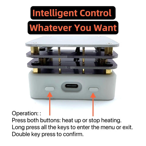 Close-up of 65W Mini Hot Plate SMD Preheater Soldering Desoldering Rework Station with control buttons and USB port.