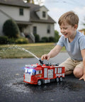 Child playing with RC Rescue Fire Engine Toy Truck With Lights And Sounds, Real Working Water Cannon Pump That Sprays Up To 10 Feet