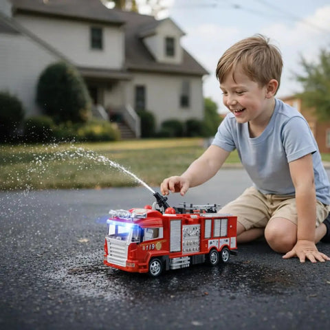 Child playing with RC Rescue Fire Engine Toy Truck With Lights And Sounds, Real Working Water Cannon Pump That Sprays Up To 10 Feet