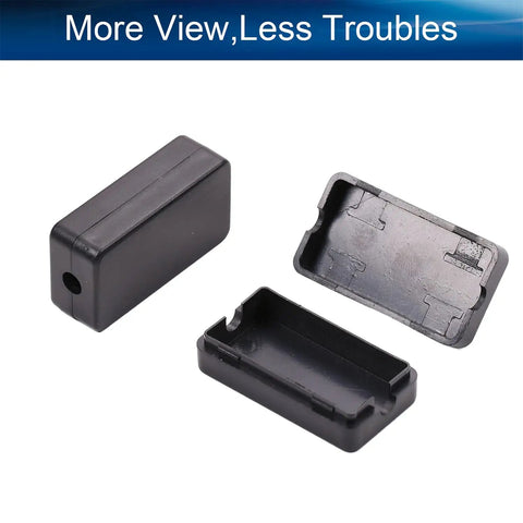 Ten Pack Heavy Duty ABS Plastic Electronic Project Enclosures Black Wiring Junction Boxes 1.89 X 1.02 X 0.61 Inches open view with lid off.