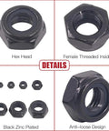 Heavy Duty Zinc Plated Nylon Lock Nuts Assortment Kit Offers Rock Solid Hex Head Stability With Secure Thread Grip Includes 165 Piece Metric Bolt Set In Seven Key Sizes M3 To M12 Stored In A Tough Resealable Case For Daily Shop Tasks featuring hex head, black zinc plated finish, and anti-loose design.