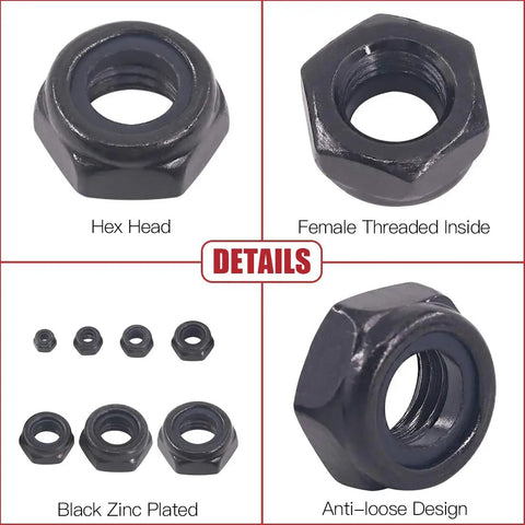 Heavy Duty Zinc Plated Nylon Lock Nuts Assortment Kit Offers Rock Solid Hex Head Stability With Secure Thread Grip Includes 165 Piece Metric Bolt Set In Seven Key Sizes M3 To M12 Stored In A Tough Resealable Case For Daily Shop Tasks featuring hex head, black zinc plated finish, and anti-loose design.