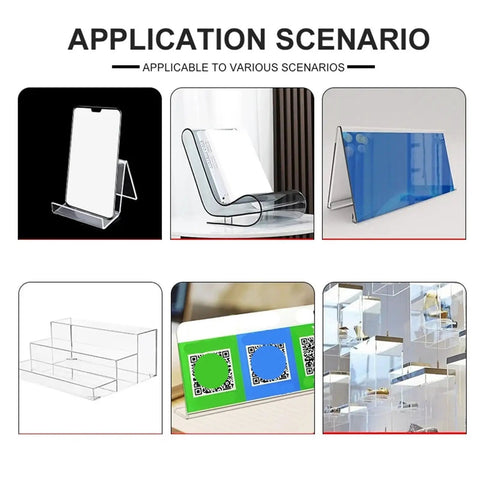 Various applications of the Thirty Centimeter Shop Ready Acrylic Bender Machine, showcasing stands and displays in different orientations.
